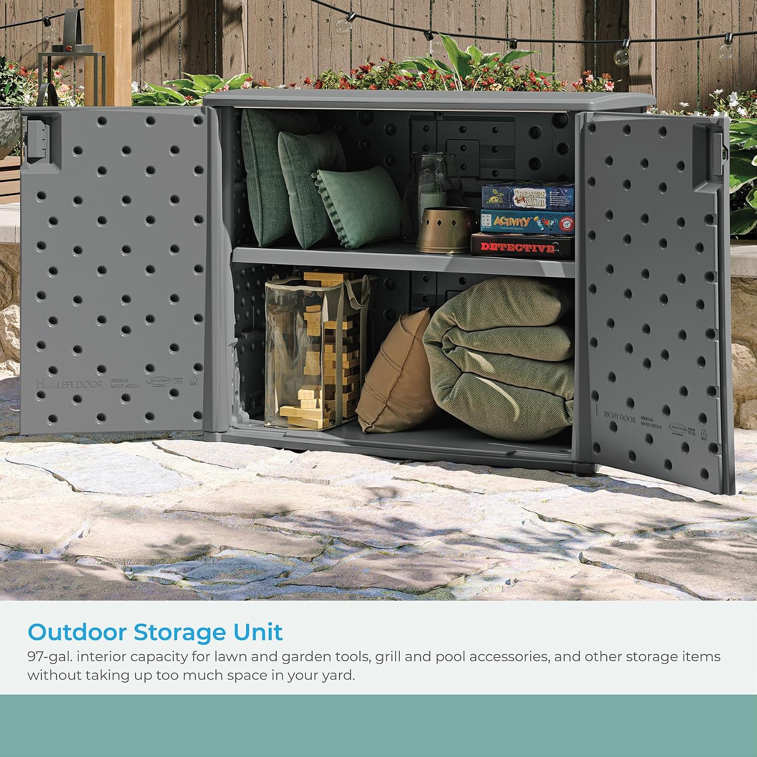 Suncast 42' Outdoor Storage Cabinet and 22 Gallon Resin Storage Seat for Patio, Deck, Yard, and Garage
