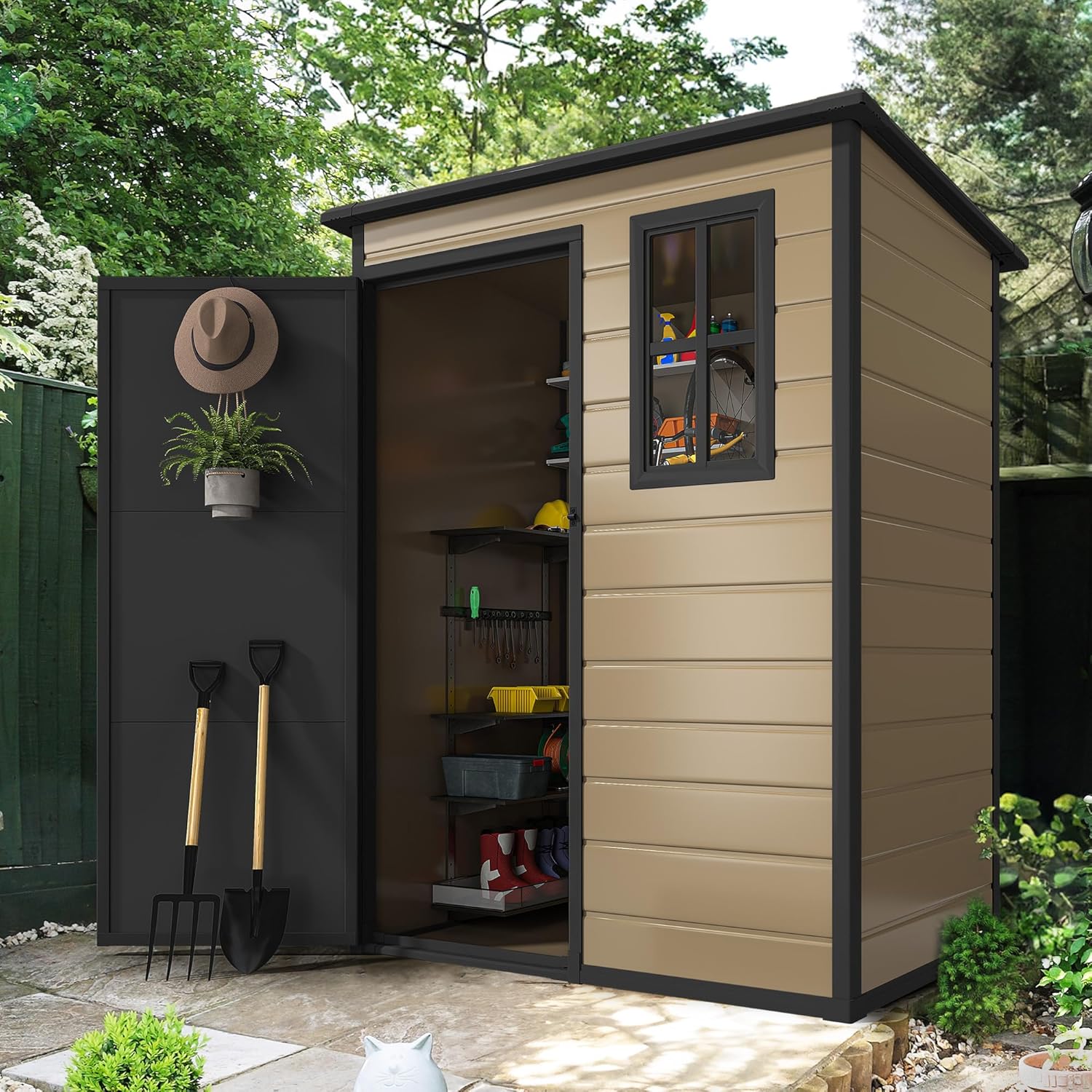 DWVO 5x3ft Resin Outdoor Storage Shed with Floor, Waterproof Lockable Storage Shed with Window, Plastic Outside Tool Storage for Garden, Backyard, Patio, Lawn, Brown
