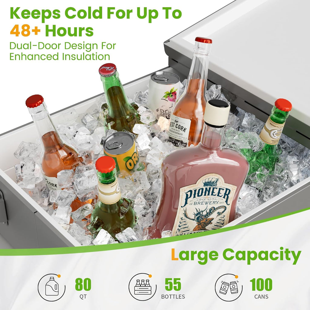 80 Quart Rolling Ice Chest Cooler Cart with Shelf, Heavy Duty Insulated Cooler Box on Wheels with Drain Plug, Weather Resistant Outdoor Party BBQ Drink Cart