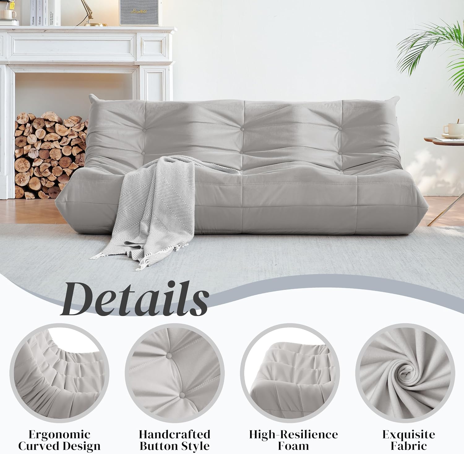 Bean Bag Chair, Large Fireside Chair Bean Bag Sofa for Adults, 3 Seater Bean Bag Chairs for Teens with High-Resilience Foam, Memory Foam Bean Bag for Living Room, Bedroom, Office (Suede, Light Gray)