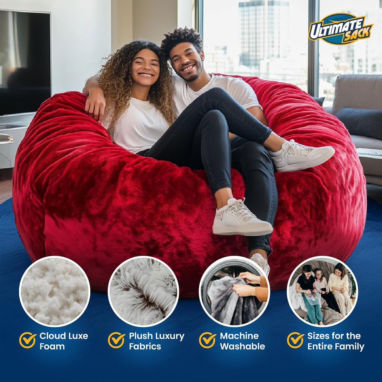 Ultimate Sack 6000 6-Foot Bean Bag Chair, Ivory Fur Cover – Oversized Foam Lounger, Floor Seat, Small Sofa, or Couch Bed for Living Area, Gaming Room, or Reading Lounge