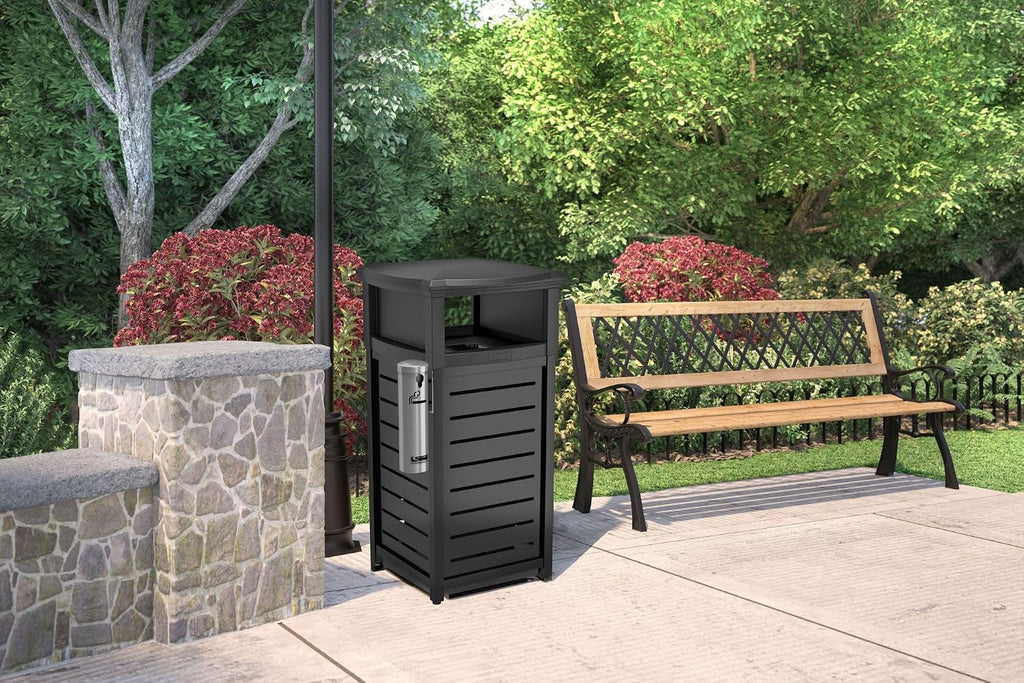 Suncast Commercial Products 30-Gallon Metal Outdoor Trash Can with Two-Way Lid, Adjustable Feet, and Removable Liner, Covered Design, Black, Made in the USA