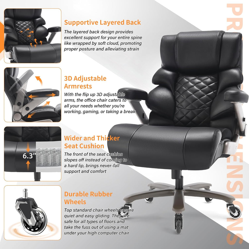 VUZI 700lbs Big and Tall Office Chair-Large Computer Chair with Adjustable Lumbar Support 3D Flip Arms Plus Size Wheels, High Back Executive Desk Chair, Heavy Duty Metal Base, Thick Padded Wide Seat