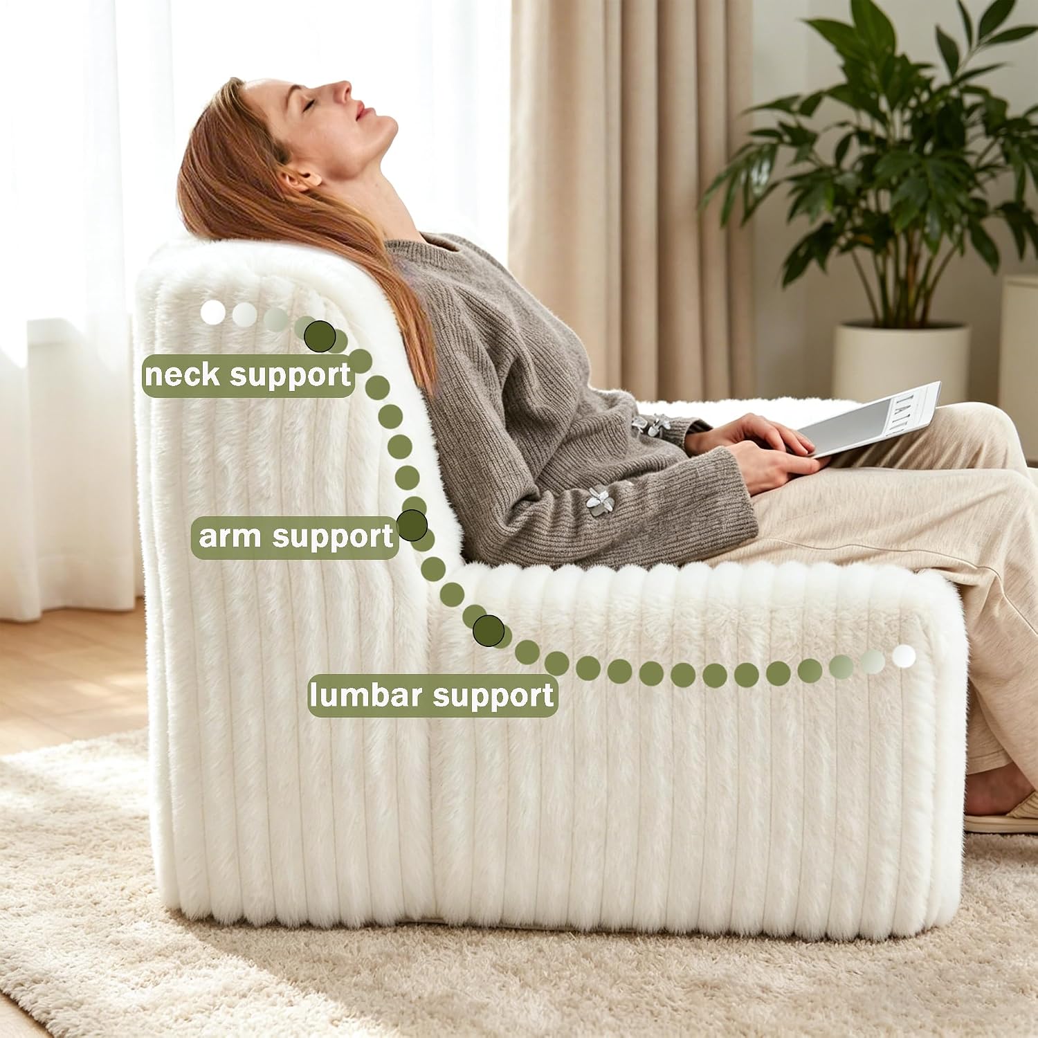 Trenda 32'' Comfy Bedroom Chair for Adult, Boneless Space-Saving Accent Chairs with Spacious Seating, Soft Faux Fur Cover, Ideal Floor Couch for Living Room,College, Dorm to Reading (White)