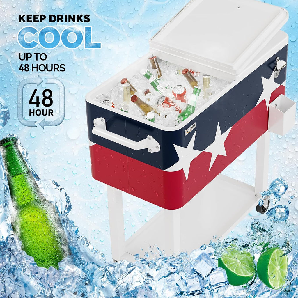 VINGLI Rolling Ice Chest, Portable Patio Party Bar Drink Cooler Cart, with Shelf, Beverage Pool with Bottle Opener