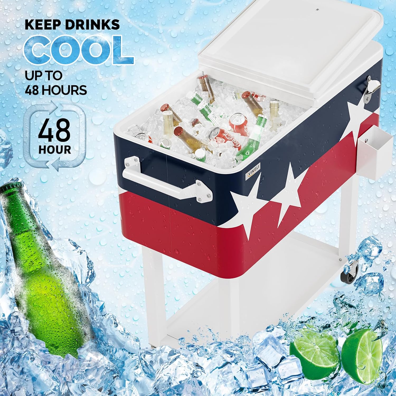 VINGLI Rolling Ice Chest, Portable Patio Party Bar Drink Cooler Cart, with Shelf, Beverage Pool with Bottle Opener