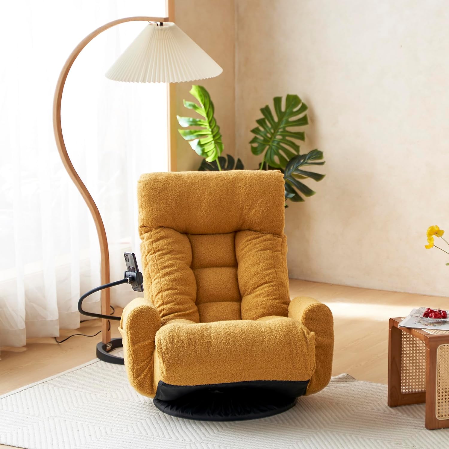 Yoglad Japanese Style Chaise Lounge Sofa with Phone Holder, 360-Degree Swivel Chair Floor Gaming Chair Lazy Sofa for Reading Game Meditating, 3 Adjustable Positions (Teddy Yellow)