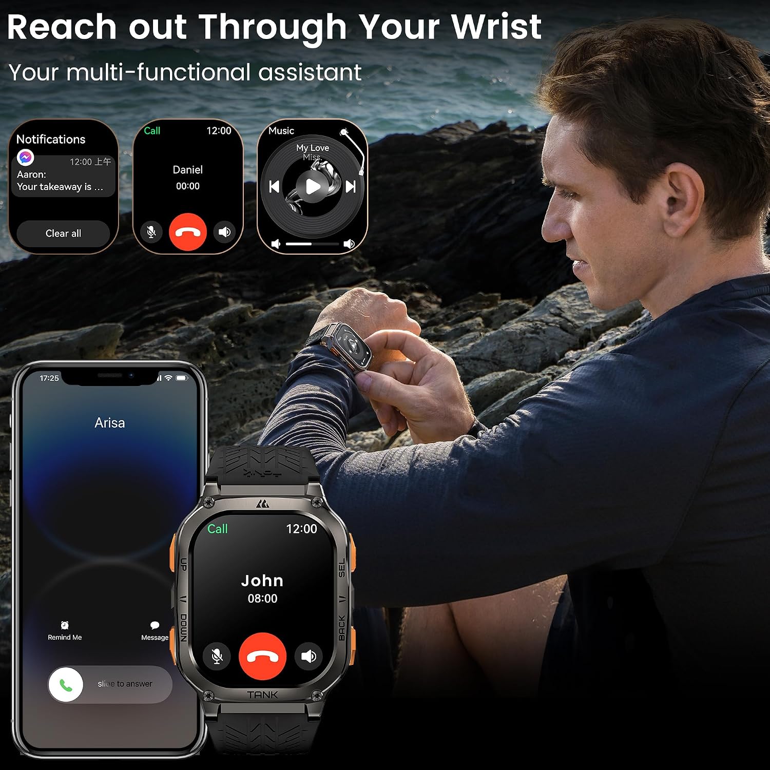 KOSPET Tank M3 Ultra Smart Watch with GPS, 50M Waterproof, Compass, Altitude, Air Pressure, 480mAh Extra Large Battery, Full Stainless Steel, Bluetooth Call, AMOLED Always-on Display