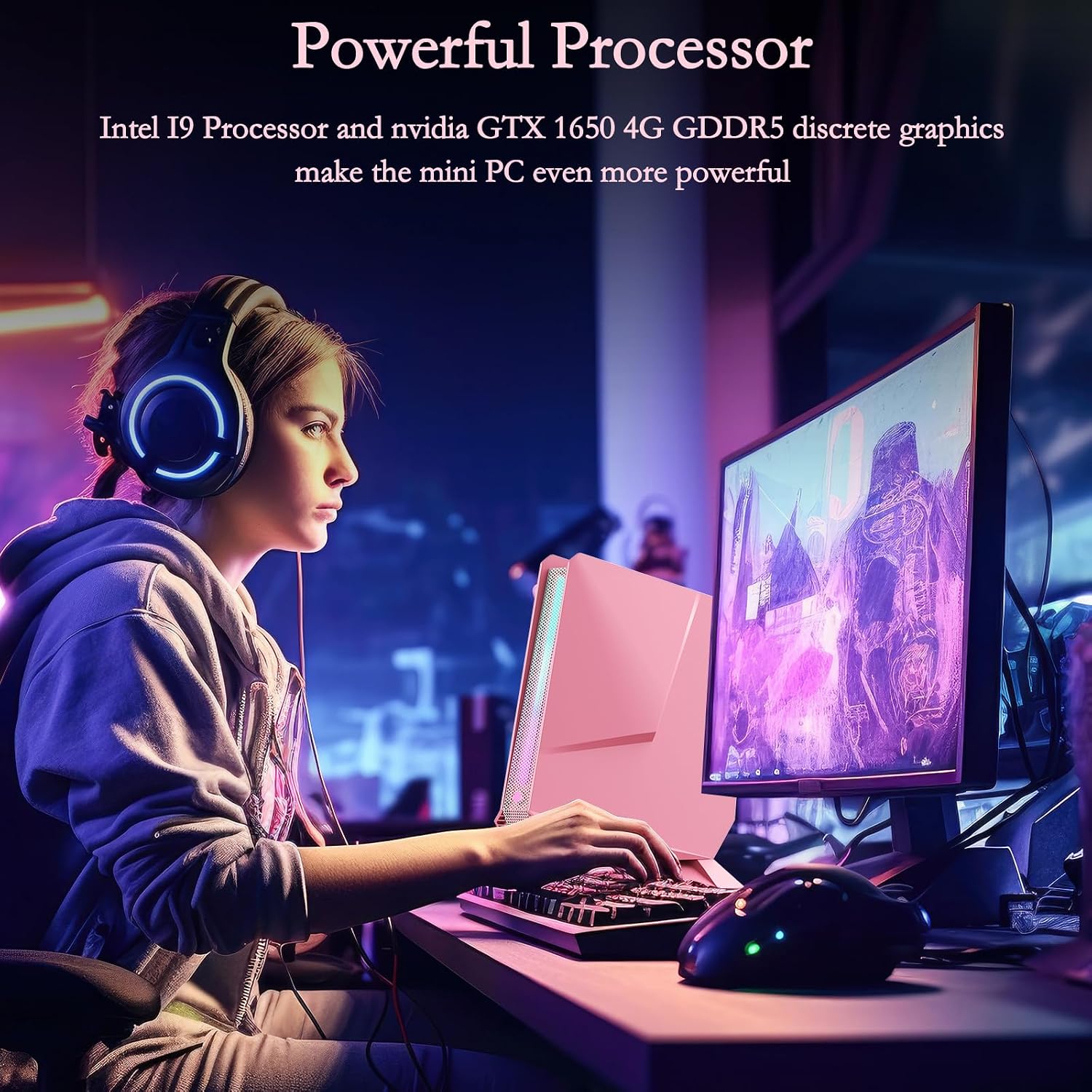 sinbun Mini Gaming PC, in-tel Core i9-9980HK(8C/16T, Max 4.8GHz), GeForce GTX1650 4G RGB Lights Gaming Computer, 16GB RAM 512GB SSD, Triple 4K Display, WiFi 6E BT 5.3, 1G LAN, Windows 11 Pro, Pink