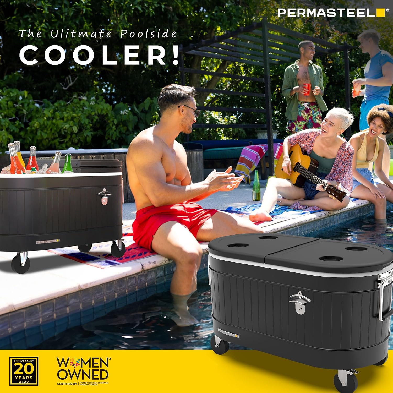 Permasteel Rolling Patio Cooler – Large Outdoor Ice Chest with Wheels, Beverage Cooler for Backyard, BBQ, Tailgate, Beach, Parties, Rustic Farmhouse Design