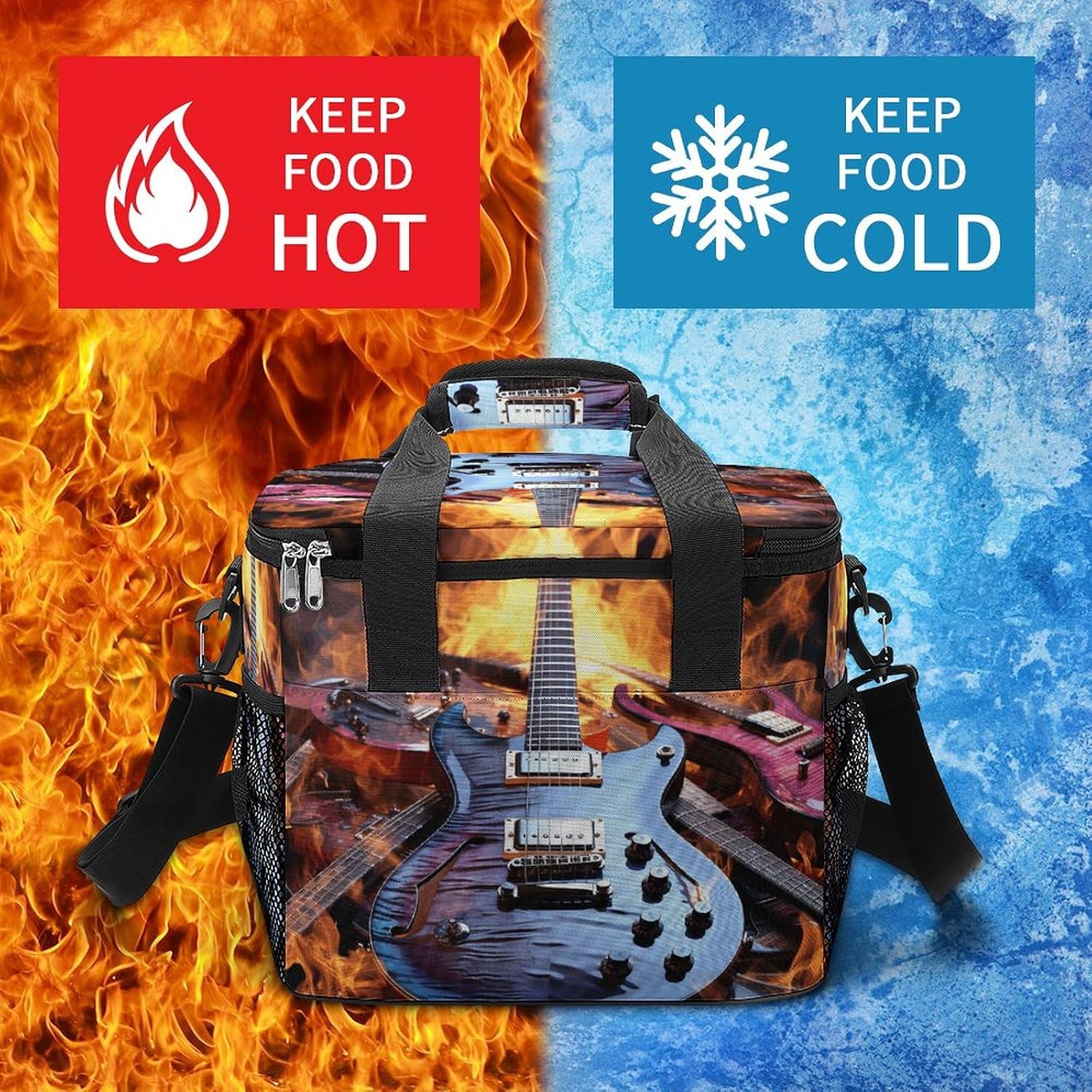 Insulated Camping Cooler Bag, Magic Electric Guitar Music Print Ice Pack with Leakproof Lining 22.5L Capacity Portable Thermal Bag for Camping,Picnic