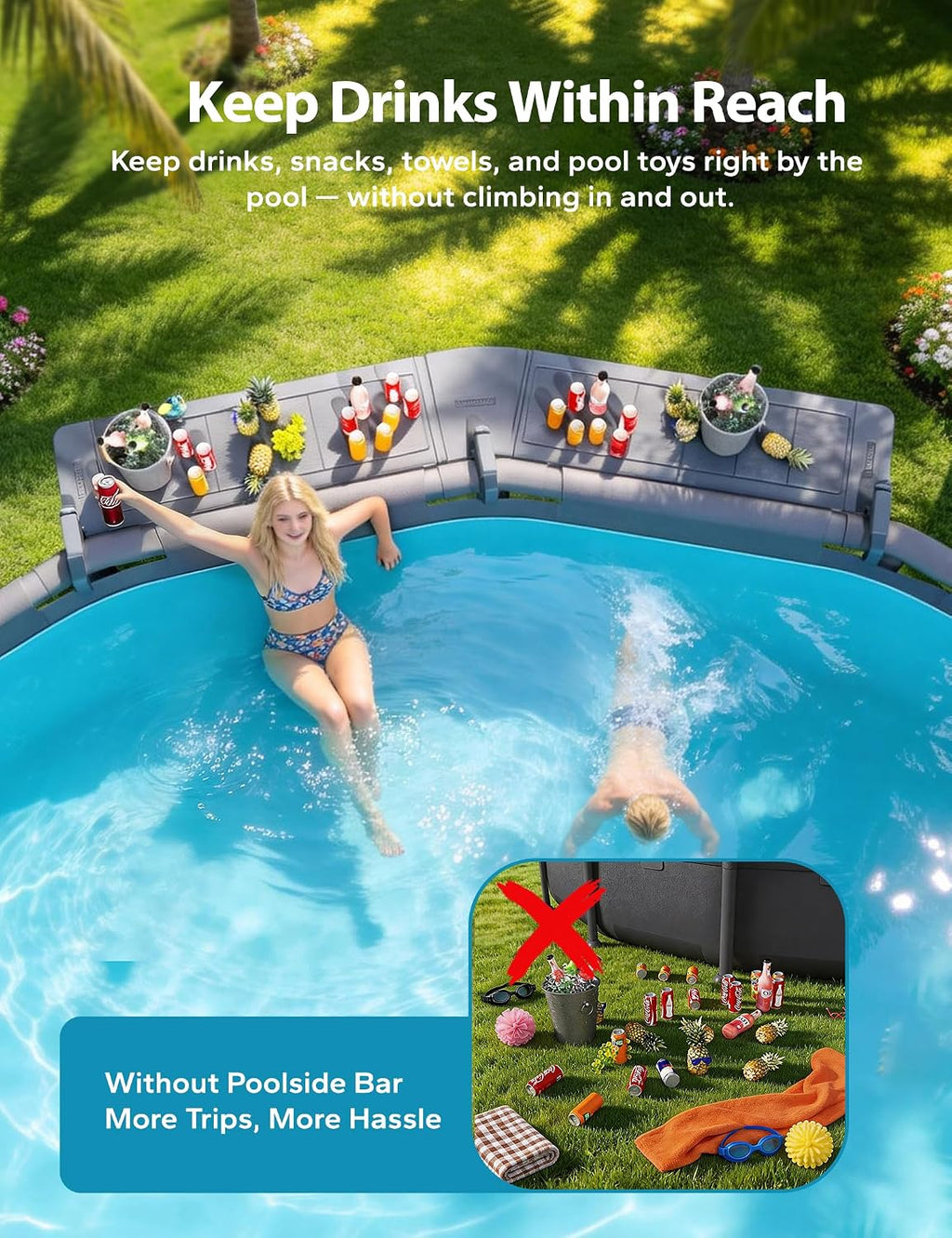 POOLHACKER Poolside Bar Extended, [Original] Swim Up Bar Exclusively for Above-Ground Round Pools. Patio Poolside Table Smart Fold Easy Maintenance, Weather Resistant Stable Tabletop