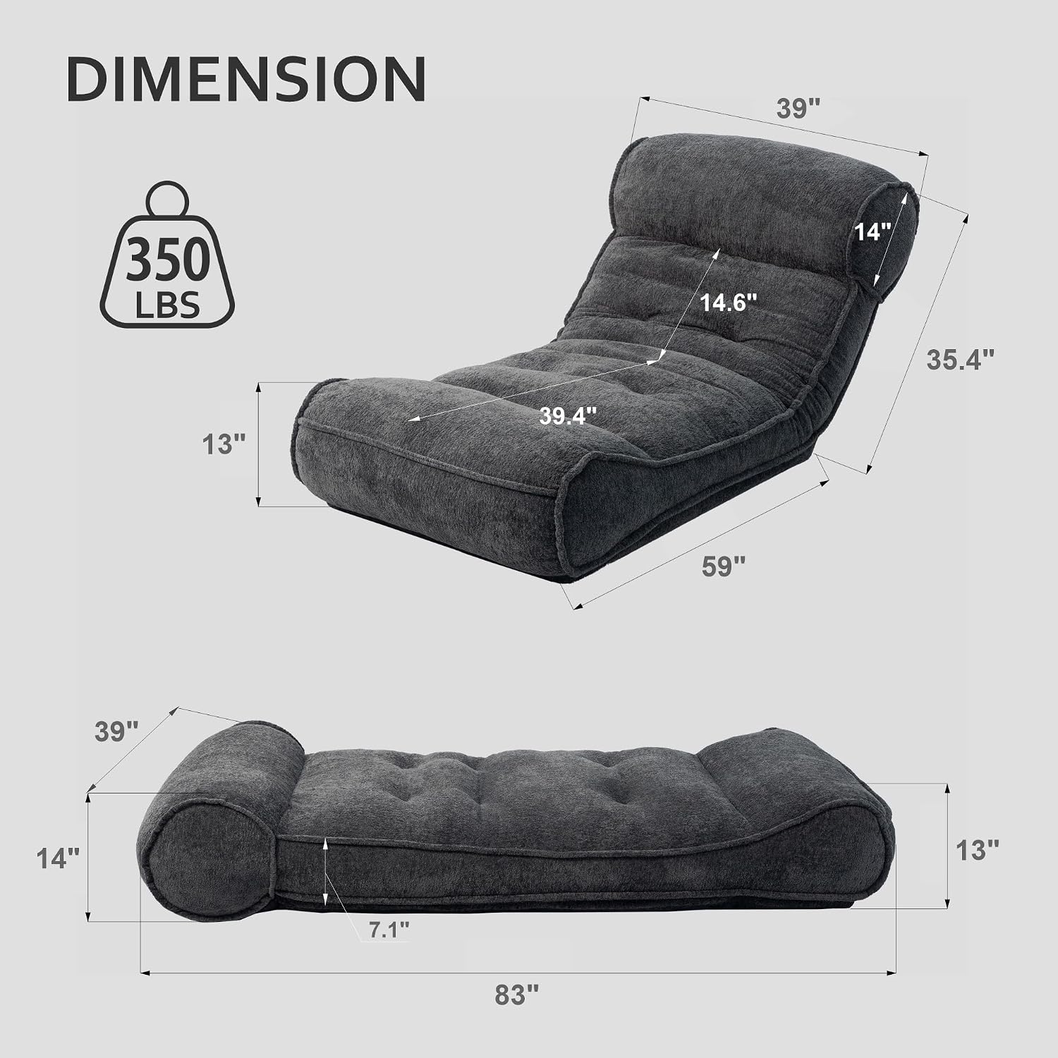 SUNPEAK Lazy Floor Bed 83' – Extra Comfy Sleeper Chaise Lounge Chair Indoor, Adjustable Recliner Floor Lounger, Plush Futon Chair Bed for Yoga, Gaming, Meditation & Reading Nook (Recliner, Black)