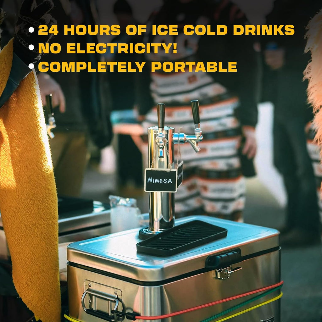 Portable Kegerator Stainless Steel Insulated Draft System: 2 Refillable 1.75 Gallon Kegs, 24 Hours Ice Cold, No Electricity, Dual Taps, 4 CO2 Cartridges. Beer, Mixed Drinks, Cocktails, Mead