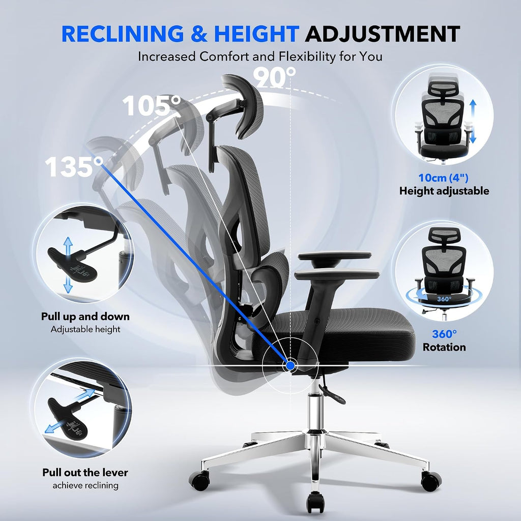 Office Chair Ergonomic Desk Chair - Home Mesh Office Desk Chair with Adjustable Lumbar Support, High-Back Computer Gaming Chair with Headrest 3D Armrests, Rolling Swivel Task Chairs for Home, Office