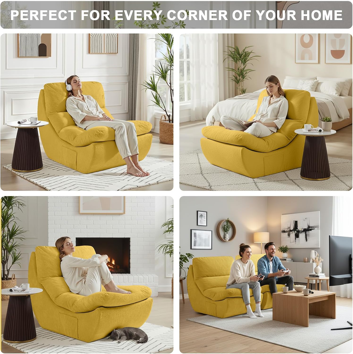 Comfy Reading Chair for Adults, Modular Sectional Sofa Bean Bag Chair, Cloud Boneless Couch Style with High Rebound Foam, Single Seat Compressible Sofa for Living Room & Bedroom, Yellow