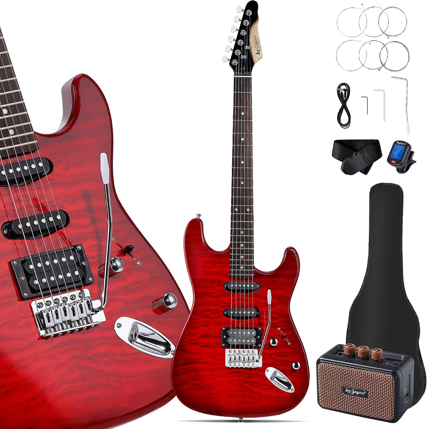 Leo Jaymz 39' Full Size ST Style Electric Guitar Starter Kit with SSH Pickup, 5W Portable Amp, Tuner, Gig Bag, Strap & Accessories (Red Ocean 5W)