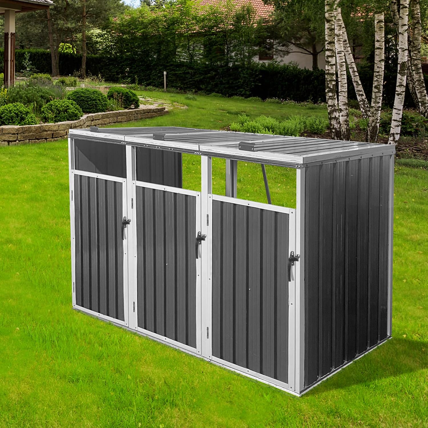 Yozma Metal Garbage Bin Shed – Outdoor Trash Can Storage for 3 Bins, Durable & Weather-Waste Enclosure, Yard Utility Shed for Hide Trash Cans (White & Gray, 87'- 3 Trash Can)