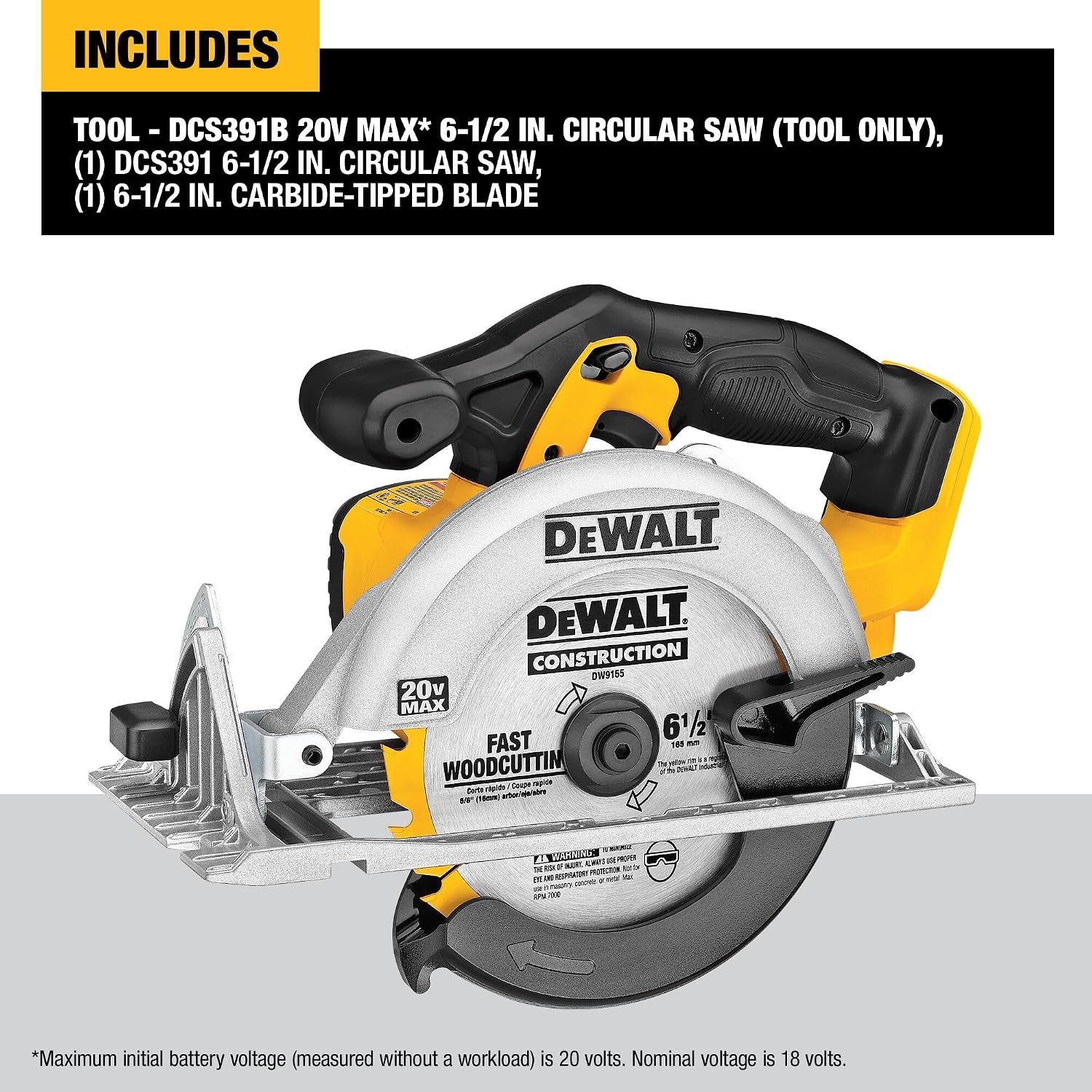 DEWALT 20V MAX Circular Saw, Cordless Sidewinder Style Portable, 6-1/2-Inch Blade, 5150 RPM, 0-50 Degree Bevel Capability, Battery Not Included (DCS391B)