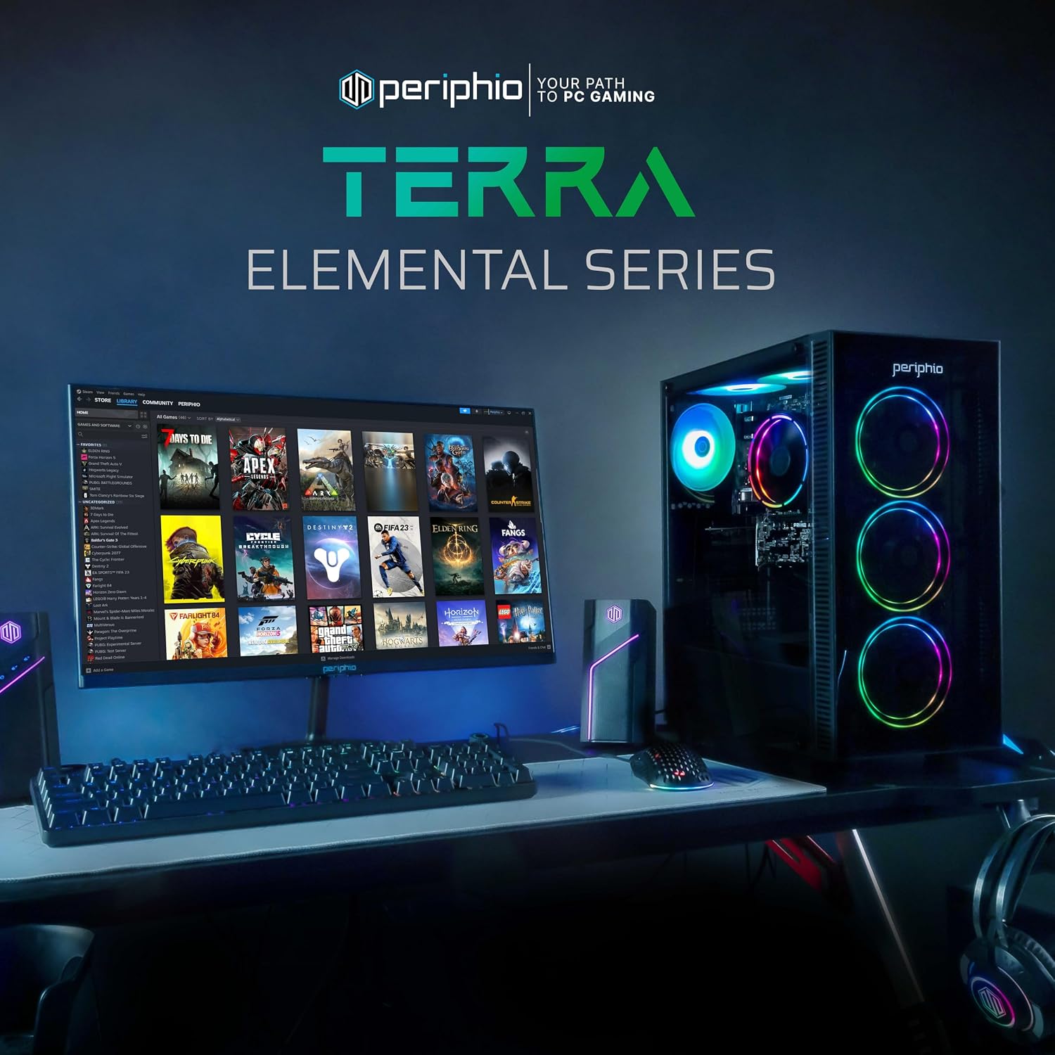 Periphio Terra Gaming PC, AMD Ryzen 5 5600GT up to 4.6 GHz with Radeon Vega 7 Graphics, 32GB DDR4 RAM, 1TBNVMe SSD, WiFi, Windows 11 Home Desktop Computer, RGB, Black, 1080p PC Gaming