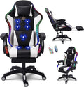 Massage Gaming Chair with Speakers, Reclining Computer Chair with Headrest and Lumbar Support,Ergonomic Gaming Chair with Footrest and Led Lights, Video Game Chair for Adults Kids.,White