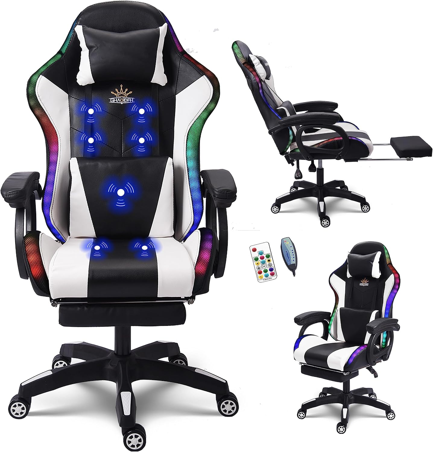 Massage Gaming Chair with Speakers, Reclining Computer Chair with Headrest and Lumbar Support,Ergonomic Gaming Chair with Footrest and Led Lights, Video Game Chair for Adults Kids.,White