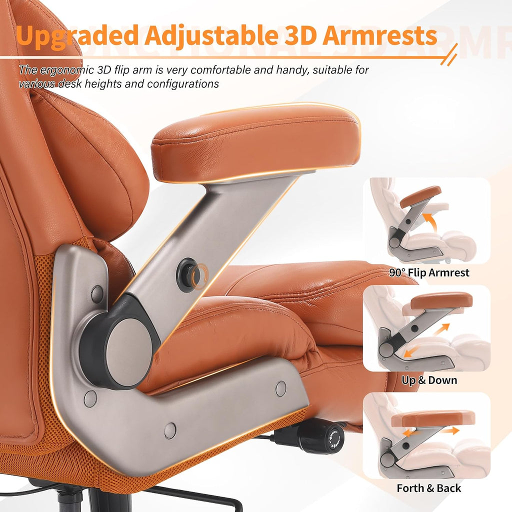 VUZI 700lbs Big and Tall Office Chair-Large Computer Chair with Adjustable Lumbar Support 3D Flip Arms Plus Size Wheels, High Back Executive Desk Chair, Heavy Duty Metal Base, Thick Padded Wide Seat