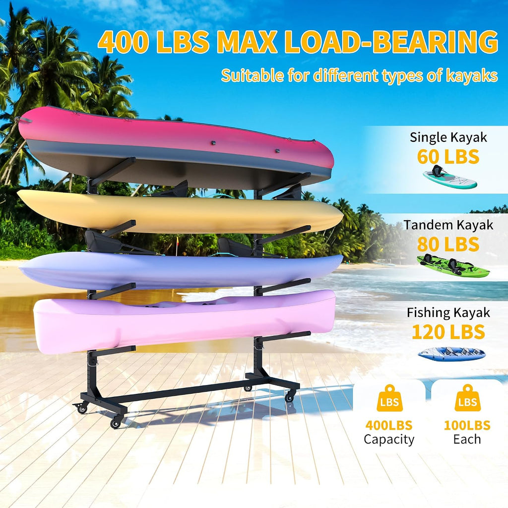 Freestanding Kayak Storage Rack, Heavy Duty Metal Kayak Stand with Lockable Wheels, Adjustable Kayak Holders for Canoes, SUP, Sled, Paddle Board & Surfboard, Garage, Indoor & Outdoor Use