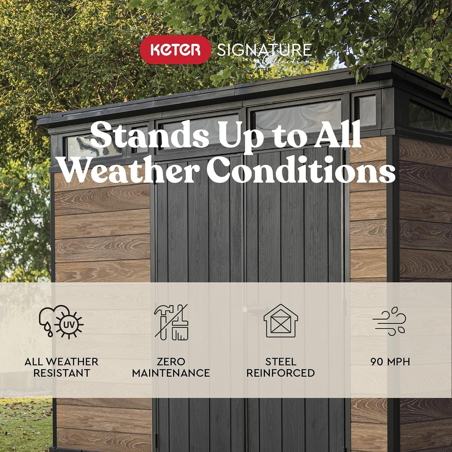 Keter Signature Collection 9x7 Ft All-Weather Storage Shed with Skylight, Window, Built-in Ventilation, & Lockable Double Doors, Walnut