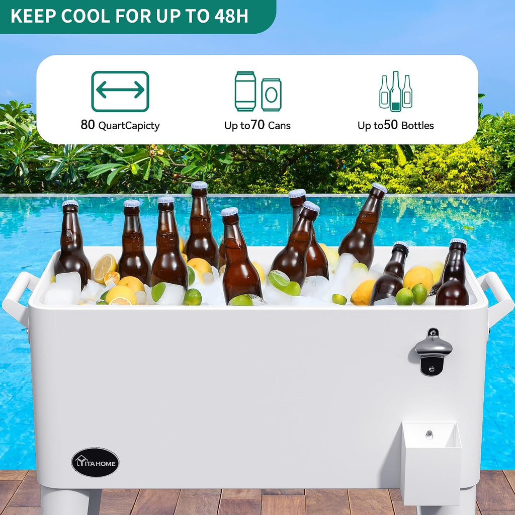 YITAHOME 80 Quart Patio Cooler Cart with Bottle Opener Drainage, Portable Rolling Beverage Cart for Pool Deck Party Cookouts