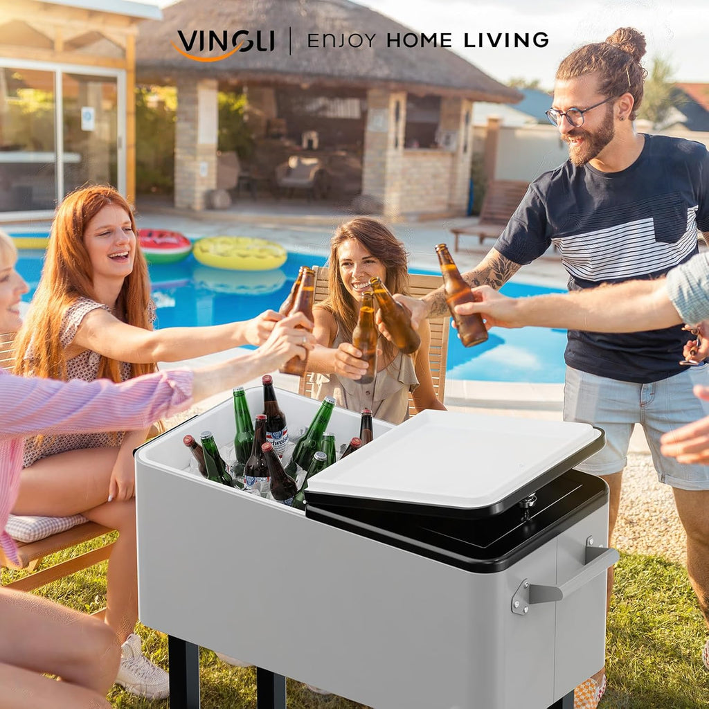 VINGLI 80 Quart Rolling Ice Chest on Wheels, Portable Patio Party Bar Drink Cooler Cart, with Shelf, Beverage Pool with Bottle Opener,Water Pipe