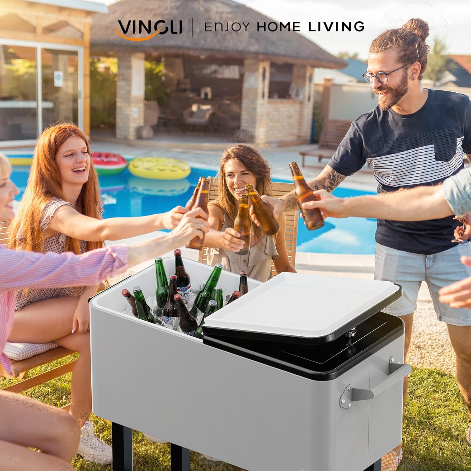 VINGLI 80 Quart Rolling Ice Chest on Wheels, Portable Patio Party Bar Drink Cooler Cart, with Shelf, Beverage Pool with Bottle Opener,Water Pipe