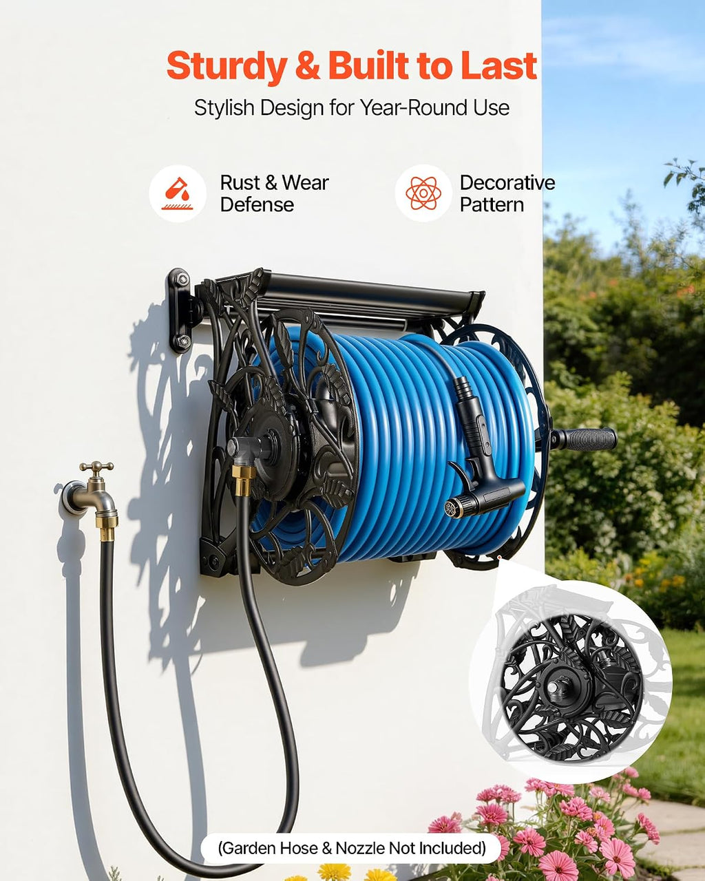 VEVOR Wall Mounted Garden Hose Reel, Holds 135 Feet of 5/8-inch Hose, Outdoor Heavy-Duty Waterhose Holder Winder, with Widened Top Tray, Aluminum Alloy Connector, Decorative Pattern, for Backyards