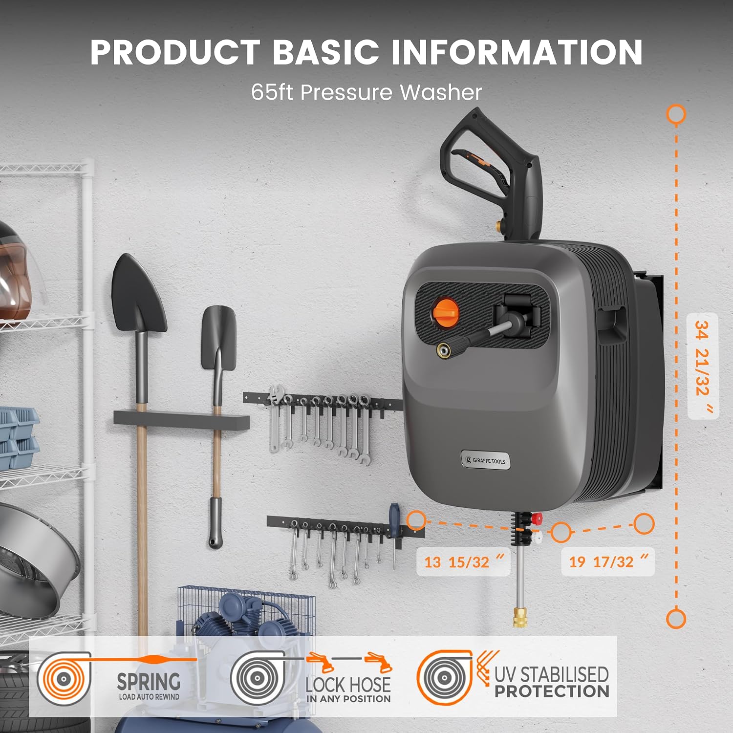 Giraffe Tools Grandfalls Retractable Pressure Washer G20, 2500 PSI 2.2 GPM, 180° Wall Mounted Power Washer, Auto-Retract with 65ft Pressure Hoses, 5 Nozzles for Floor/Cars/Fences/Patios, Dark Silver