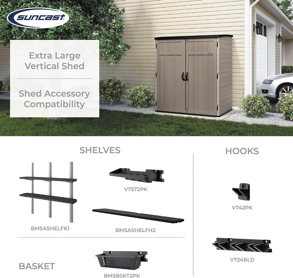 Suncast Extra-Large Vertical Storage Shed for Yard Storage, All-Weather Outdoor Storage Shed with 2 Lockable Doors, 70.5' W x 44.25' D x 77.5' H, Sand