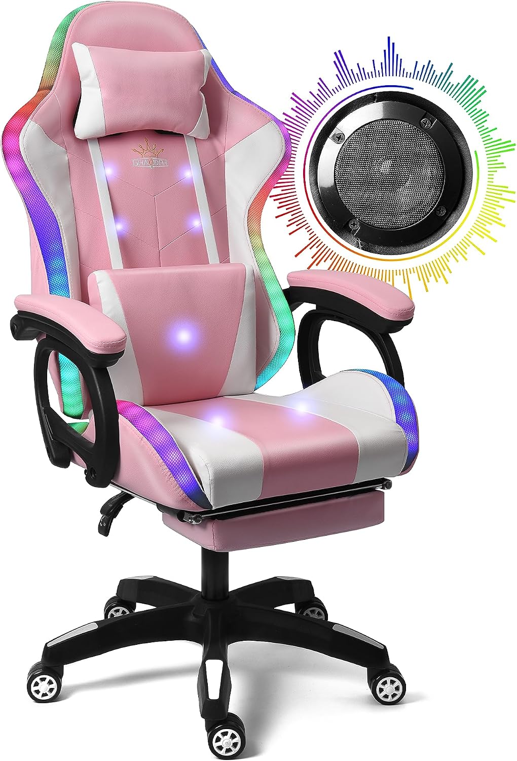 Enhance Your Gaming Experience with Our Ergonomic Reclining Gaming Chair with RGB LED Lights, Massage and Dual Speakers - Perfect for Adults, Teens and Kids! (Pink + White)