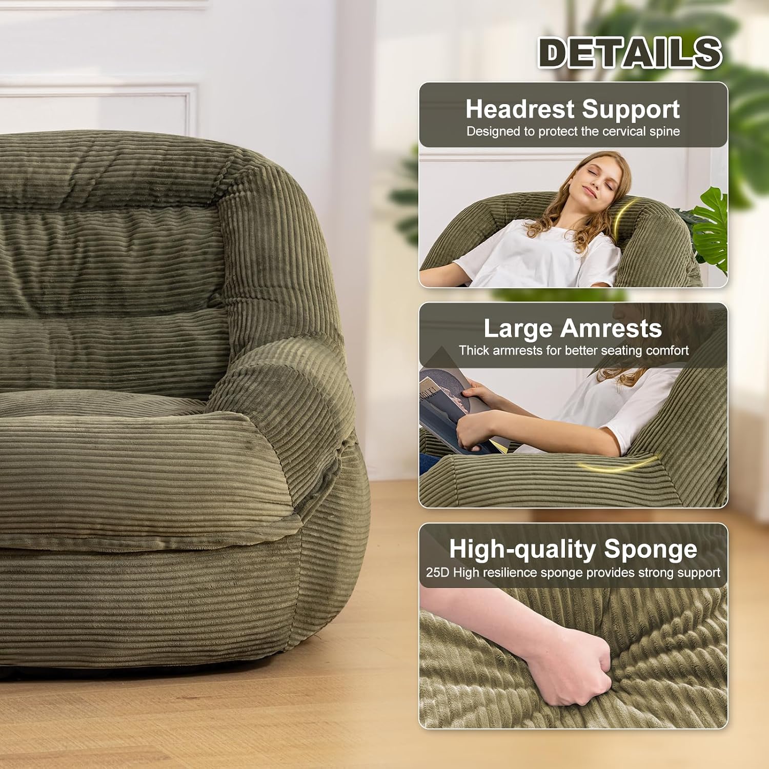 Giant Bean Bag Chair with Armrests - Oversized Cozy Seating for Adults, Corduroy Fabric & High-Resilience Foam Filling, Ideal Lounge for Living Room, Bedroom & Gaming Room (Olive Green)