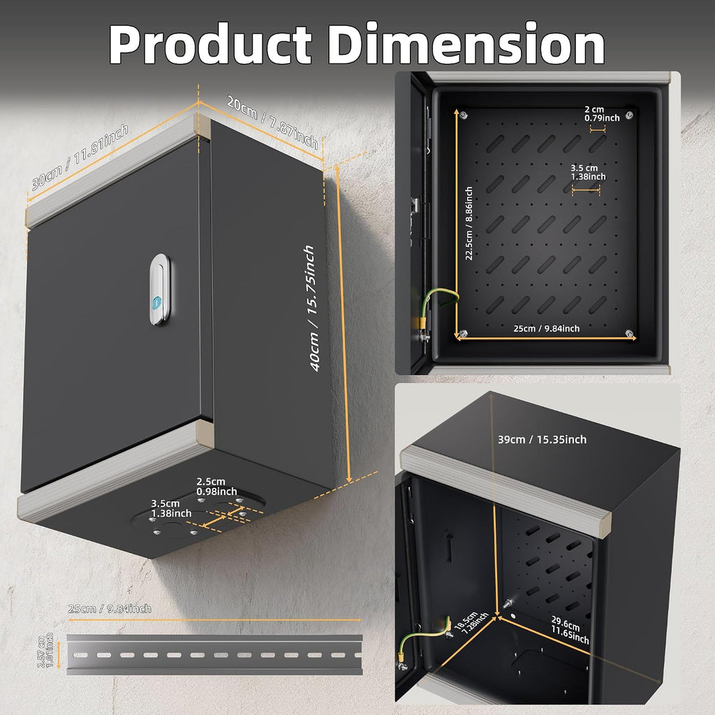 Joinfworld Outdoor Electrical Metal Box 15.7' x 11.8' x 7.8' Weatherproof Outdoor Junction NEMA Enclosure Box with Lock Din Rail Cable Gland