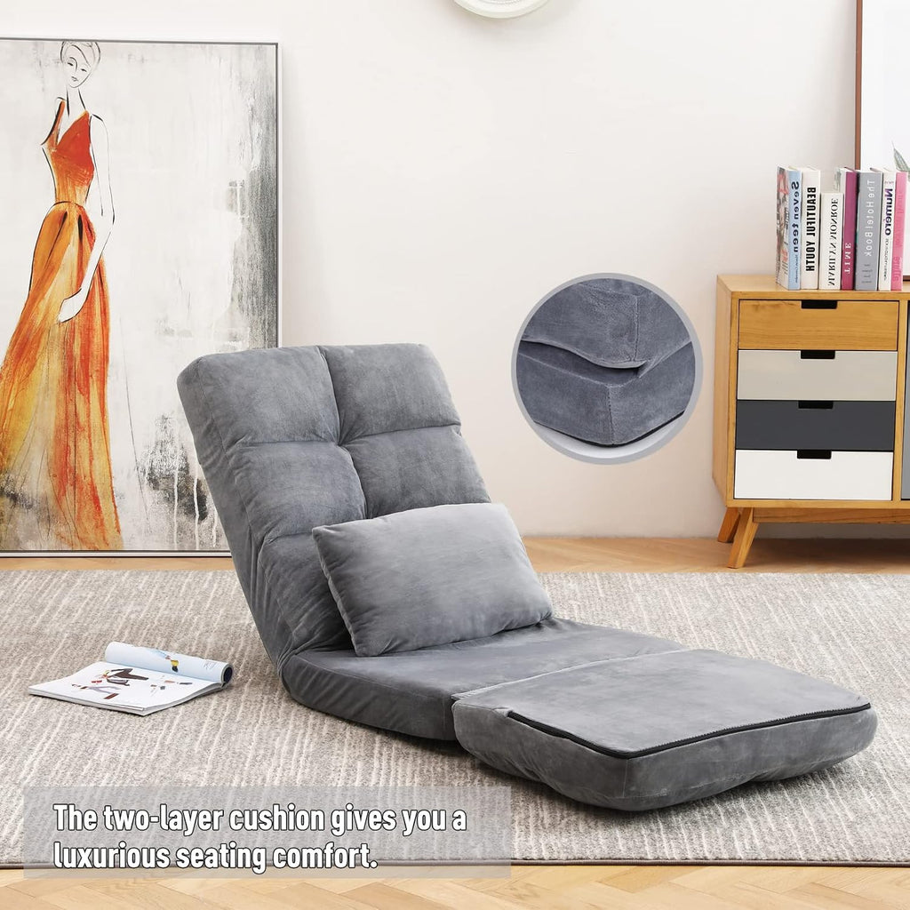 Indoor Chaise Lounge Sofa, Floor Chair with Back Support for Adults, 14 Angle Adjustment Recliner Chair, Folding Floor Lounger with Pillow 8823(Grey)