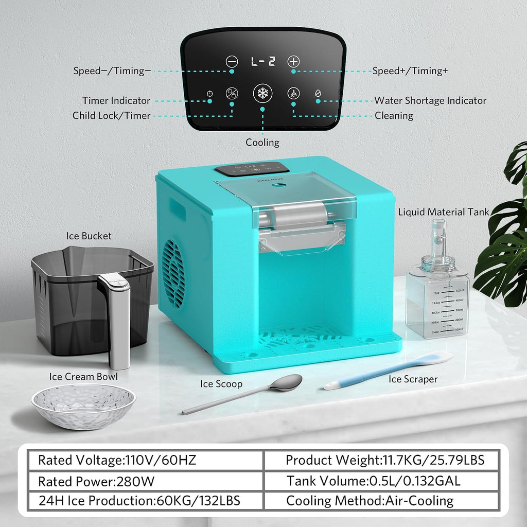 Shaved Ice Machine with Compressor | 60s Fast Fluffy Slushie & Snow Cone Maker | No Pre-Freezing | Sugar-Free Friendly | Self-Cleaning | 16oz Frozen Drink Maker for Home, Party & RV