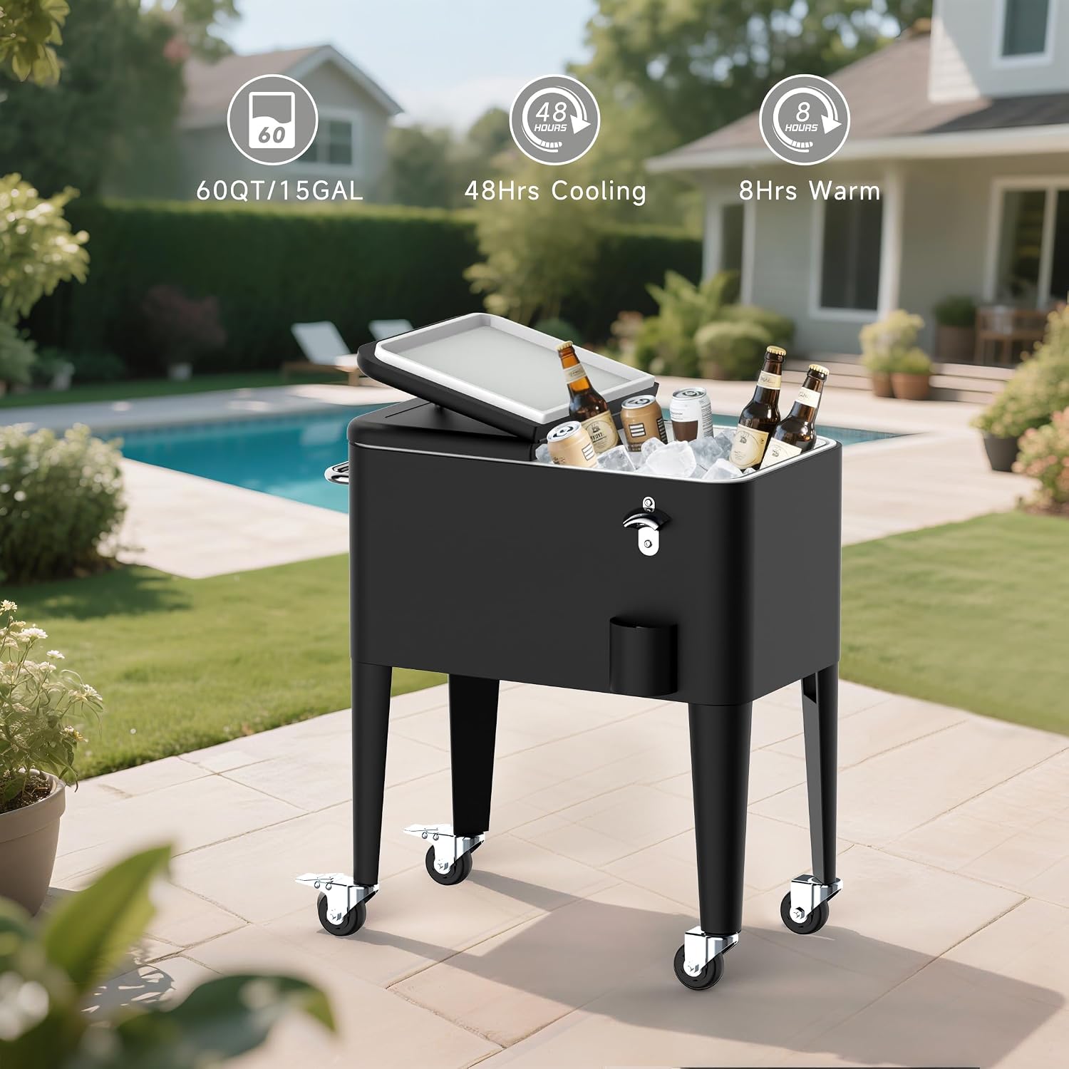 Ice Chest with Wheels, 60 Quart Portable Rolling Cooler with Bottle Opener & Cap Collector & Bottom Storage Tray for Patio Party & BBQ & Beach Activities
