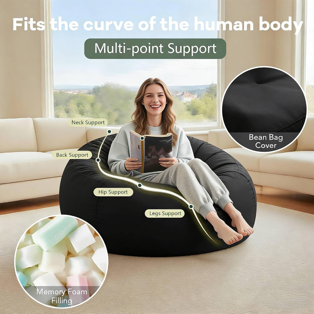 SANAE Oversized Memory Foam Bean Bag Chair for Adults - Corduroy Fabric with Filler, Gaming & Movie Night Furniture, Large Bean Bag Sofa for Living Room/Dorm/Bedroom (Black, 6FT)