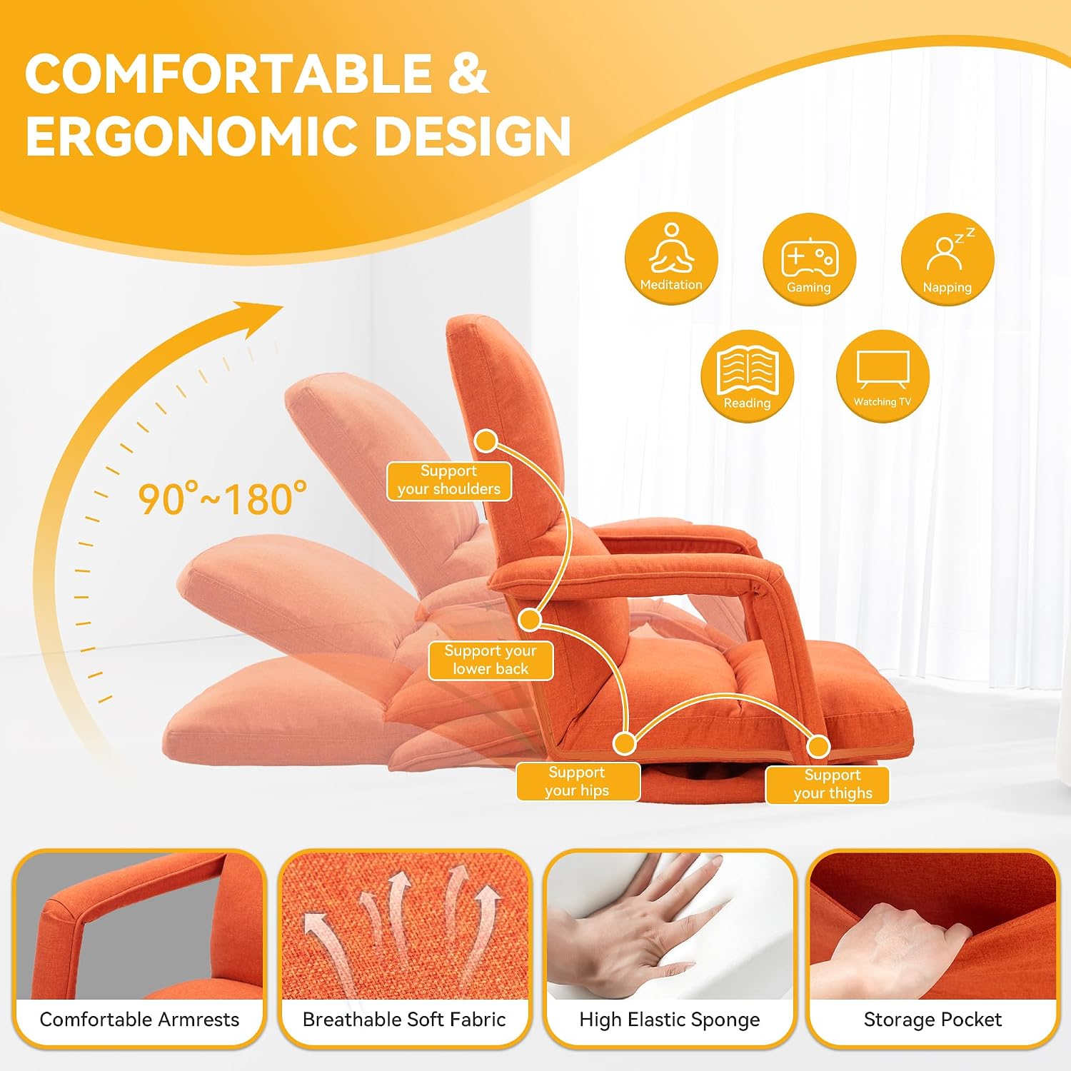360 Degree Swivel Floor Gaming Chair with Back Support, Padded Folding Gaming Sofa Chair with Adjustable Backrest, Lazy Lounger Couch for E-Sports, Reading, Relaxing, Watching TV