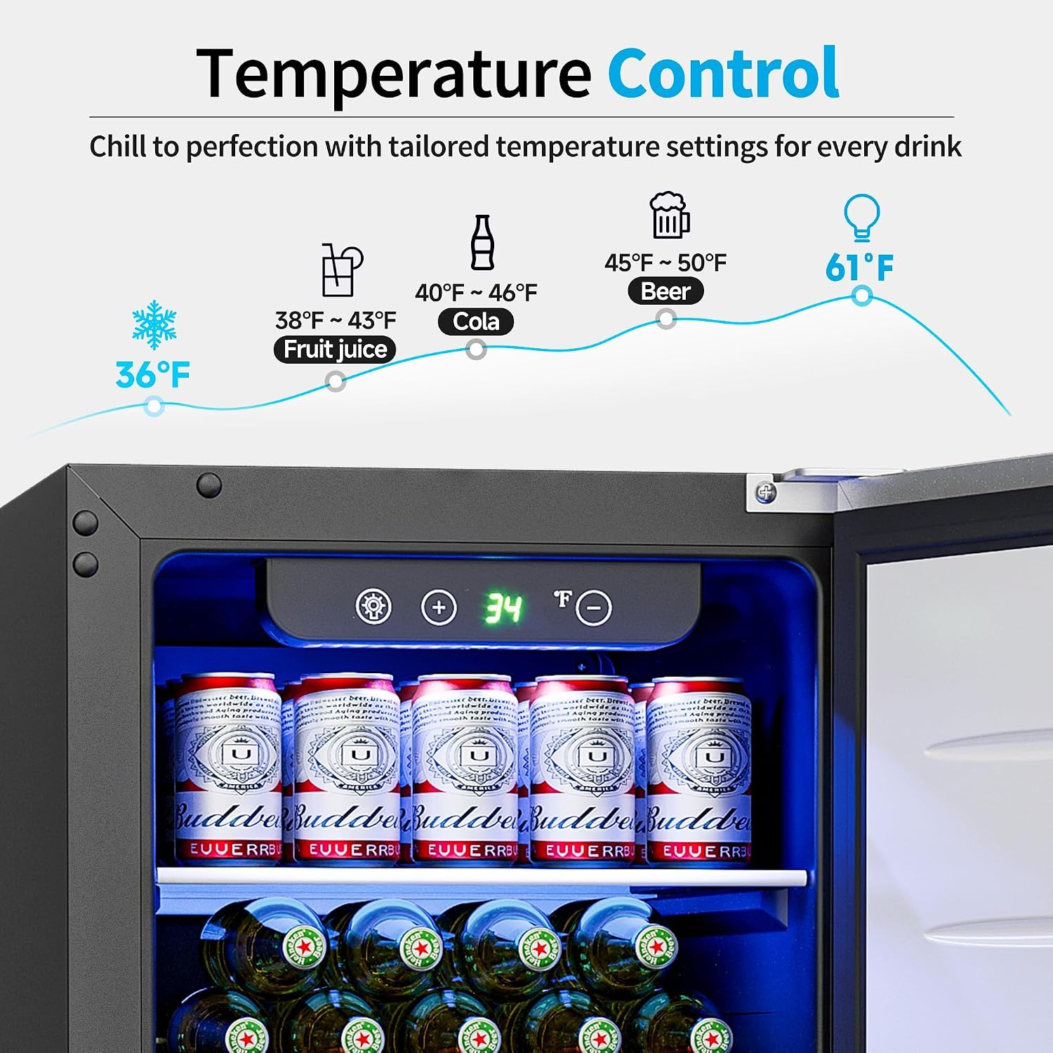Feelfunn 15 Inch Under Counter Beverage Refrigerator - 126 Cans Beverage Fridge with Stainless Steel Door for Beer Wine Soda - Built-in or Freestanding Wine Cooler for Home Kitchen Bar