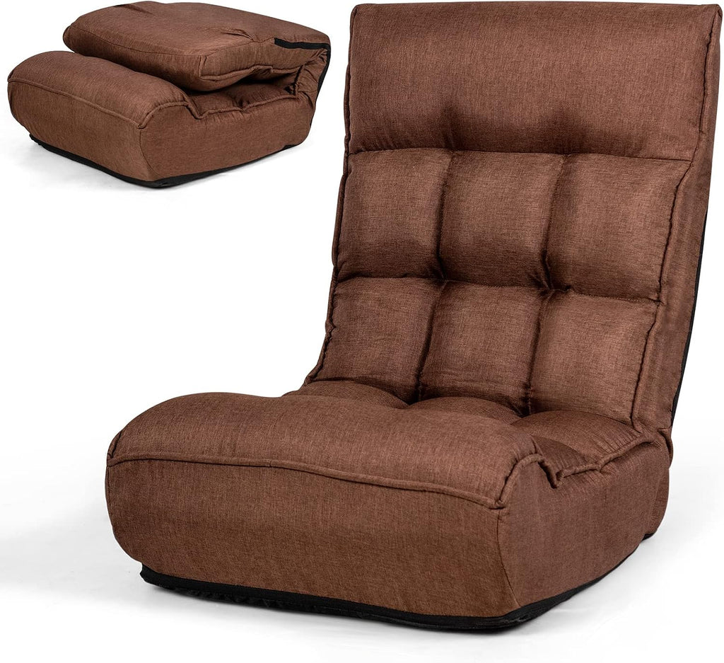 COSTWAY Folding Floor Lounge Chair, Floor Gaming Chair with 5-Position Adjustable Head & 4-Position Adjustable Backrest, Indoor Lazy Sofa Recliner for Bedroom, Living Room (Brown)