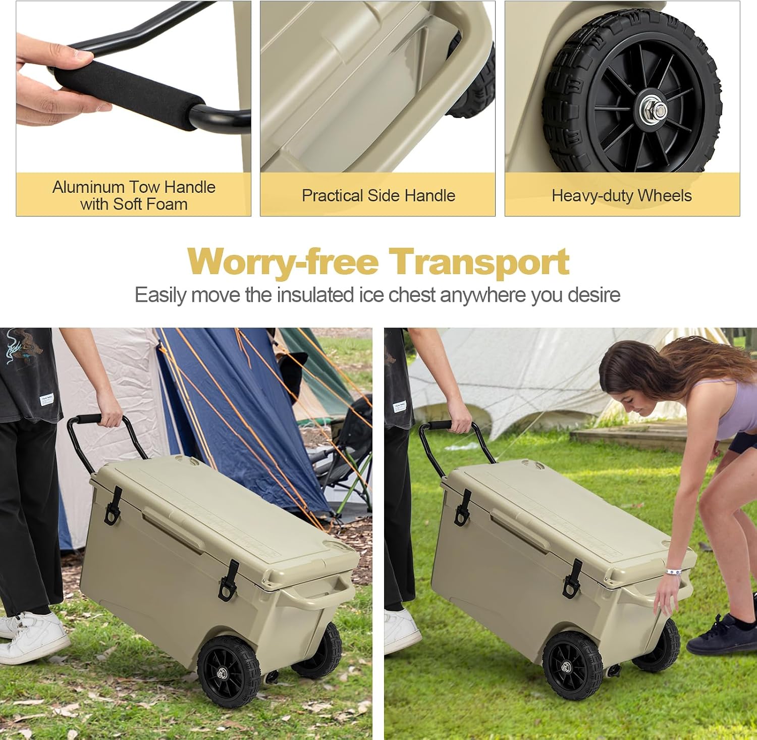 Goplus Cooler with Wheels, Insulated Large Ice Chest with Portable Handles, Cup Holders, Leak-Proof Tight Latches, 5-7-day Ice Retention, Heavy Duty Hard Coolers for Beach Camping Boat