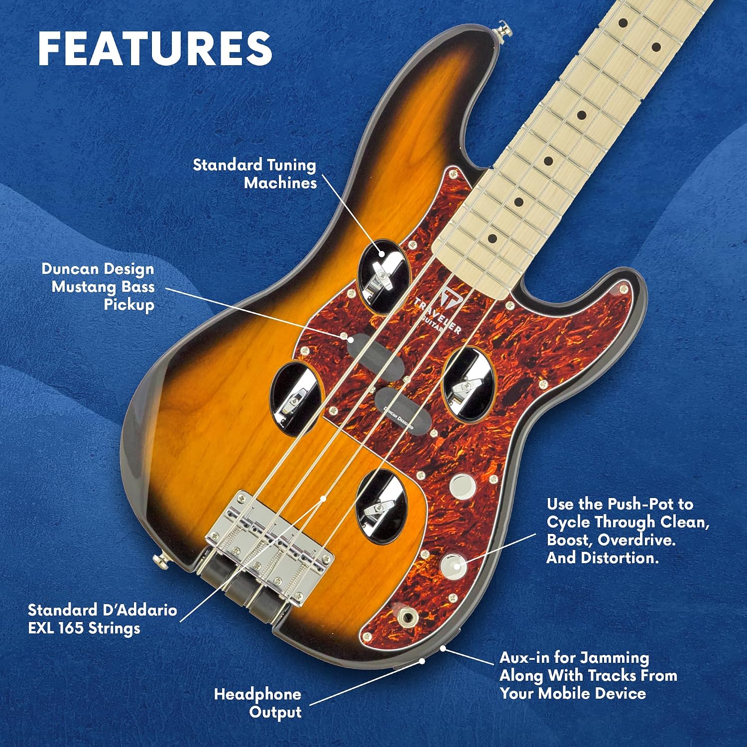 Traveler Guitar TB-4P Sunburst Bass | Travel Guitar with Aux-in | 4 String Bass Guitar with 22 Jumbo Frets | Full 32' Scale Portable Electric Bass Guitar | Headless Guitar with Custom Gig Bag