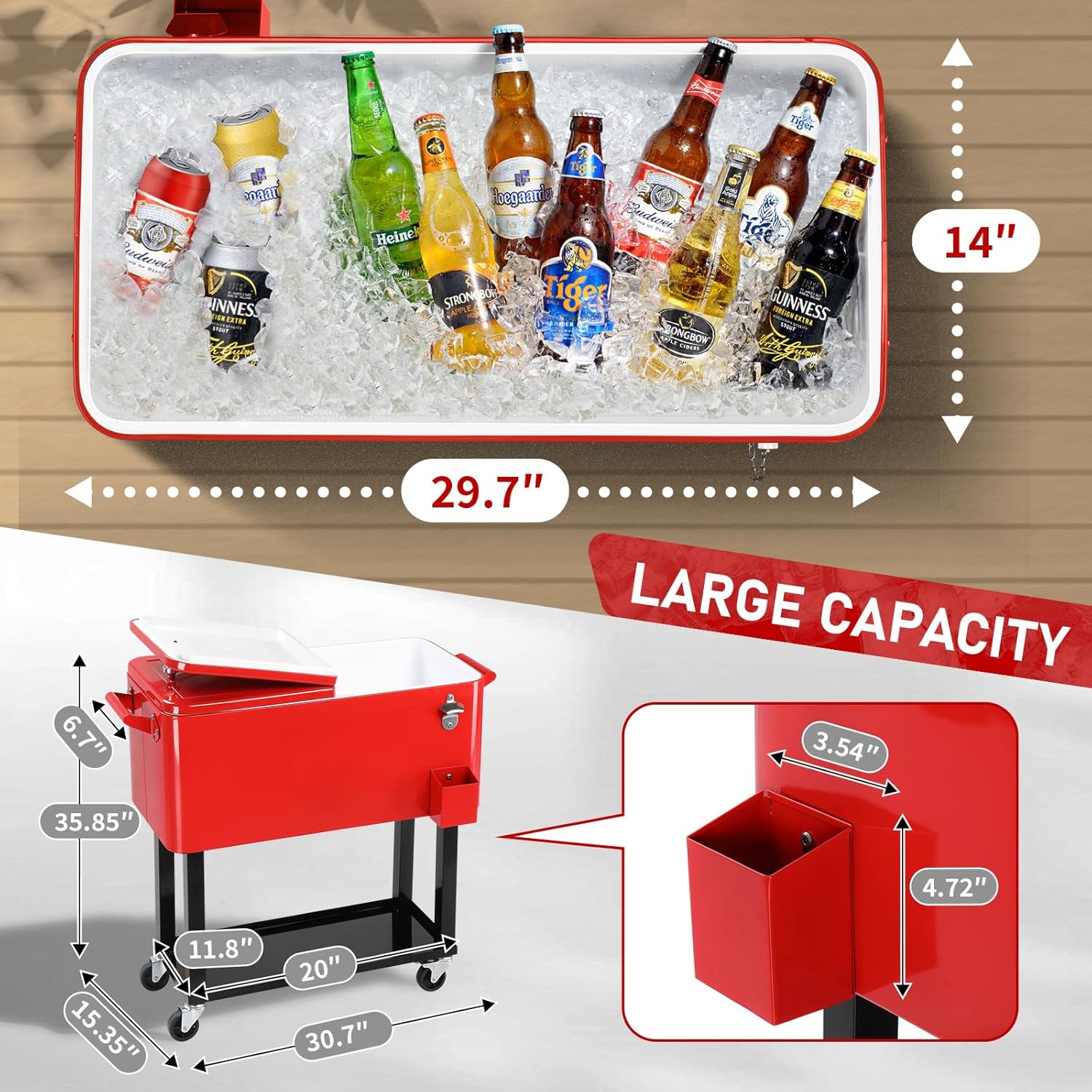 Outvita 80 Quart Rolling Ice Chest, Portable Bar Drink Cooler with Catch Basin, Bottom Storage Tray and Bottle Opener for Patio Party BBQ Beach Activities