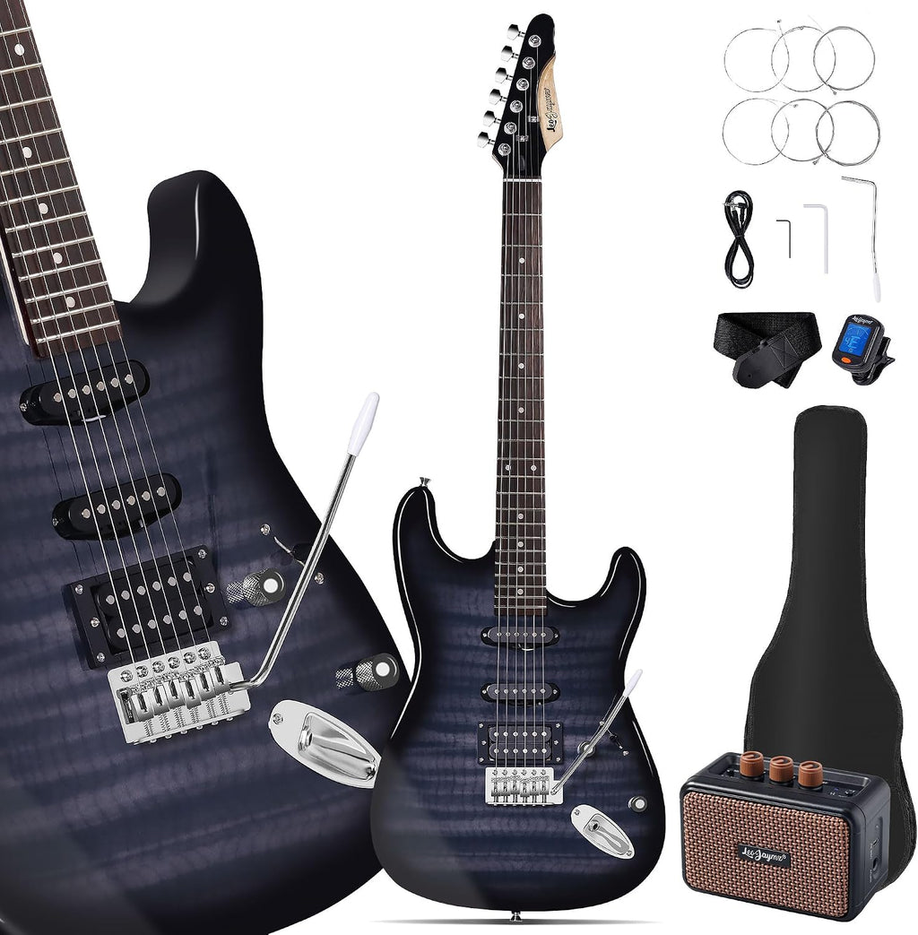 Leo Jaymz 39' Full Size ST Style Electric Guitar Starter Kit with SSH Pickup, 5W Portable Amp, Tuner, Gig Bag, Strap & Accessories(Black Flame 5W)