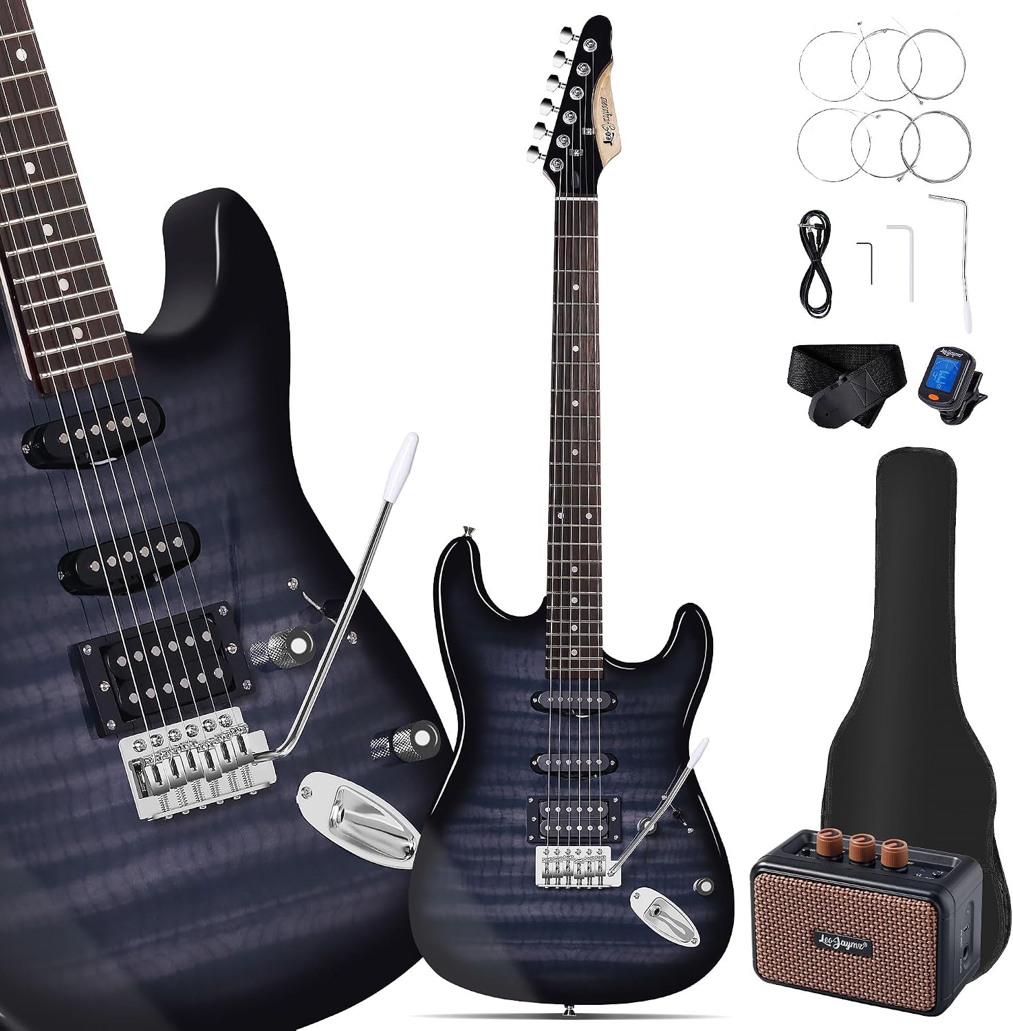 Leo Jaymz 39' Full Size ST Style Electric Guitar Starter Kit with SSH Pickup, 5W Portable Amp, Tuner, Gig Bag, Strap & Accessories(Black Flame 5W)